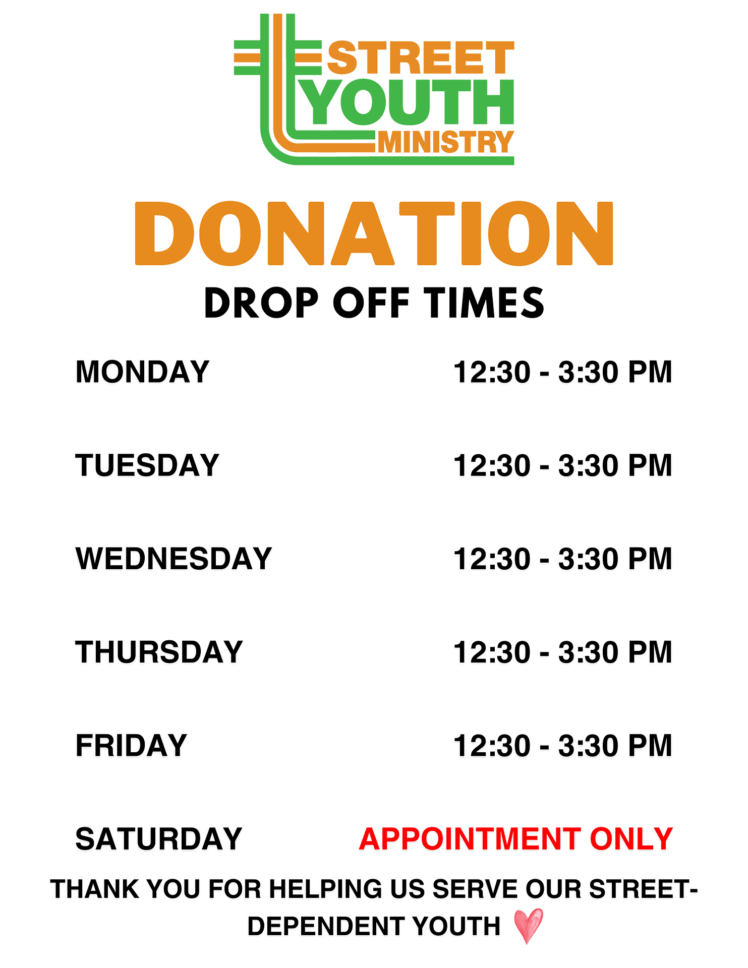 SYMin Donation Drop-off Schedule