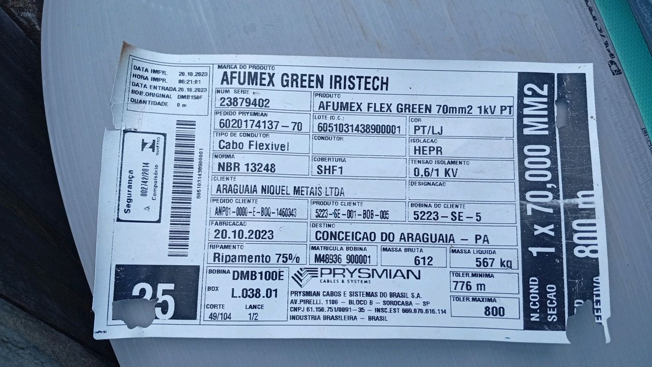 Prysmian Afumex Green Flexible Cable 1KV 1x1c 70mm² 800m