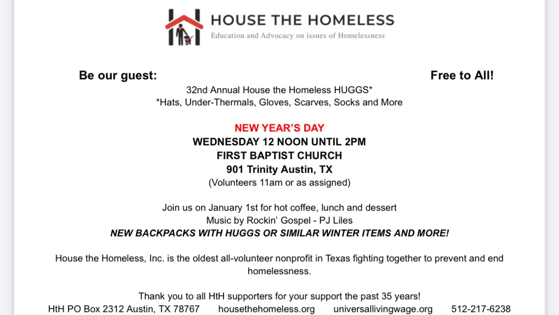 32nd Annual House the Homeless HUGGS Event: New Year’s Day Support for Those in