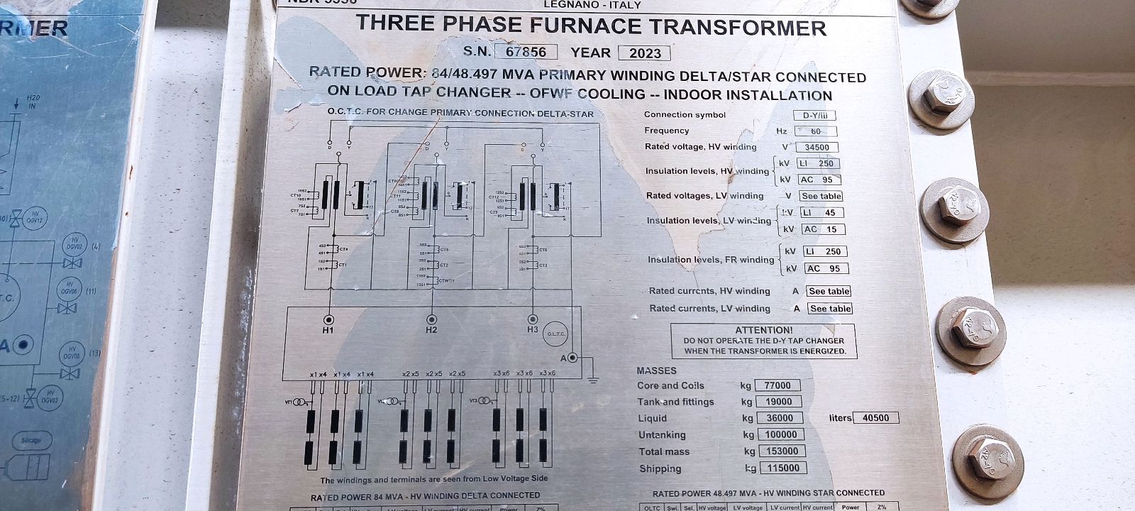 Tamini Three Phase Furnance Transformer 34KV